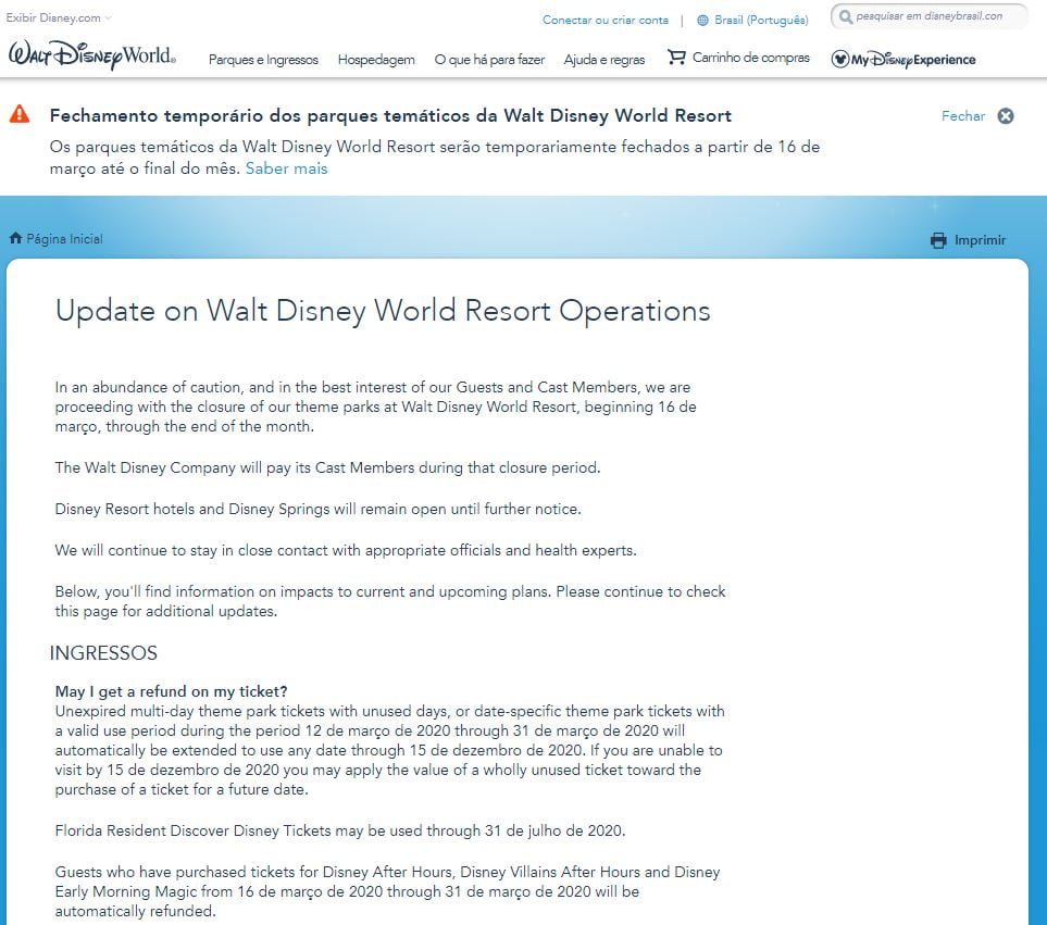 Aviso Disney Corona Vírus