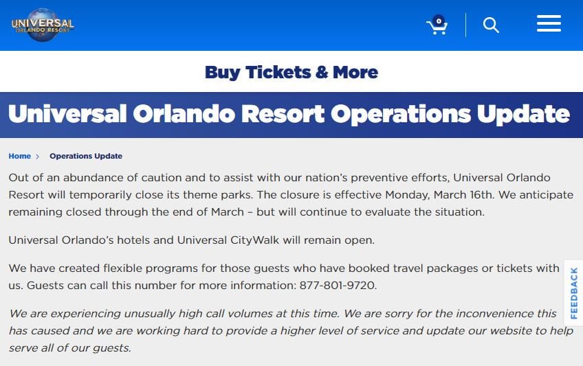 Aviso Universal Orlando Corona Virus